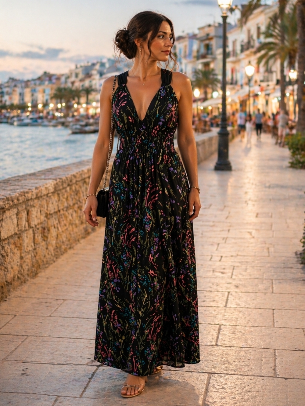 Anthropologie Black Floral Maxi Dress with Multicolor Print